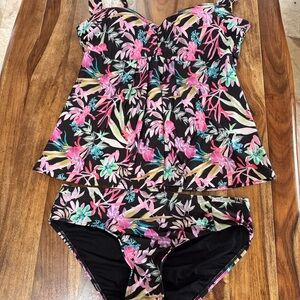 Alex Marie Black with‎ Pink and Green Floral Accents Tankini